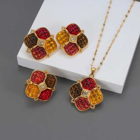 Vintage Vierkante Sieraden Collectie Roestvrij Staal 18K Verguld Kleurrijke Gewatteerde Hars Zirkoon Oorbellen Ketting Ring