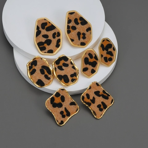 Geometric Leopard Print Stud Earrings Stainless Steel 18K Gold Plated Irregular Retro Maillard Style For Women