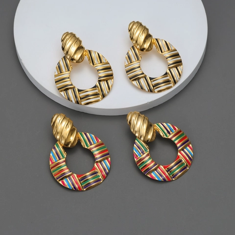 Vintage Enamel Round Wave Drop Earrings Stainless Steel 18K Gold Plated Retro Geometric Stripe Boho Style For Women