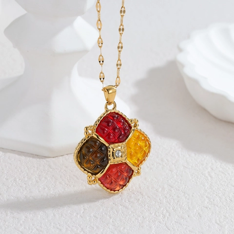 Vintage Vierkante Sieraden Collectie Roestvrij Staal 18K Verguld Kleurrijke Gewatteerde Hars Zirkoon Oorbellen Ketting Ring