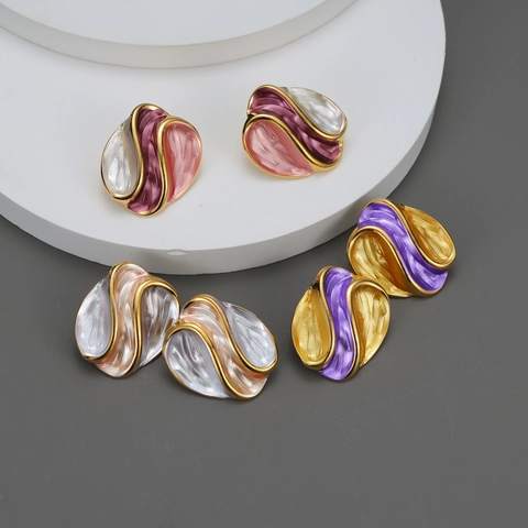 Orecchini A Lobo A Onde Irregolari Acciaio Inossidabile Placcato Oro 18K Smalto Stile Artistico Retrò Gioielli Donna