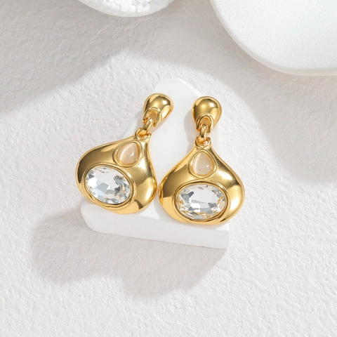 Vintage Water Drop Earrings For Women Stainless Steel 18K Gold Plated Large Zircon Cat Eye Stone Elegant Drop Jewelry