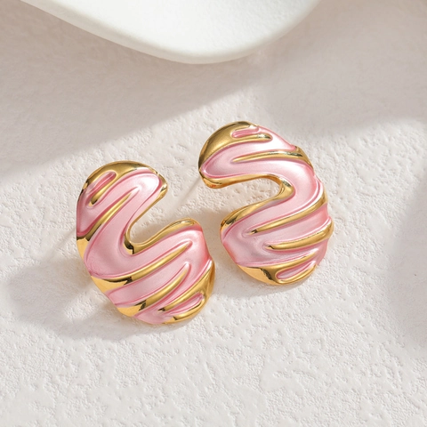 Hypoallergenic Geometric Wave Hoop Earrings For Women Stainless Steel 18K Gold Plated Enamel Drip Oil Fashion Jewelry
