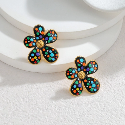 Pendientes De Botón De Flor Acero Inoxidable Esmalte Irregular Color En Contraste Lunares Margaritas Estilo Vintage