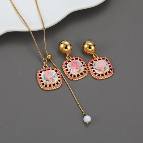 Stainless Steel Rose Flower Jewelry Set Hollow Square Enamel Pendant Necklace And Earrings Retro Style For Women