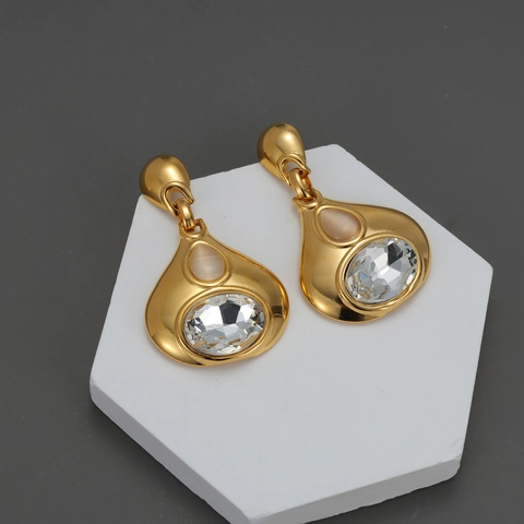 Vintage Water Drop Earrings For Women Stainless Steel 18K Gold Plated Large Zircon Cat Eye Stone Elegant Drop Jewelry