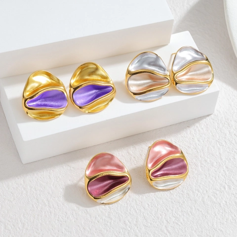 Boucles d'Oreilles Clous en Émail Plissé Irrégulier en Acier Inoxydable Boucles d'Oreilles Artistiques Vintage pour Femmes