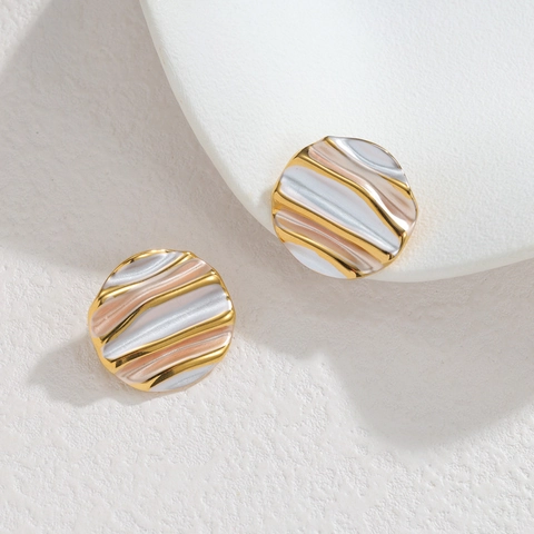 Pendientes De Botón Redondos Vintage Acero Inoxidable Chapado En Oro De 18K Esmalte Color Contraste Joyas Retro Para Mujer