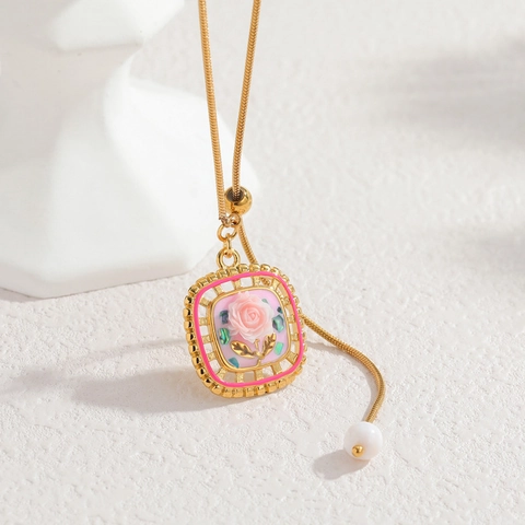 Stainless Steel Rose Flower Jewelry Set Hollow Square Enamel Pendant Necklace And Earrings Retro Style For Women