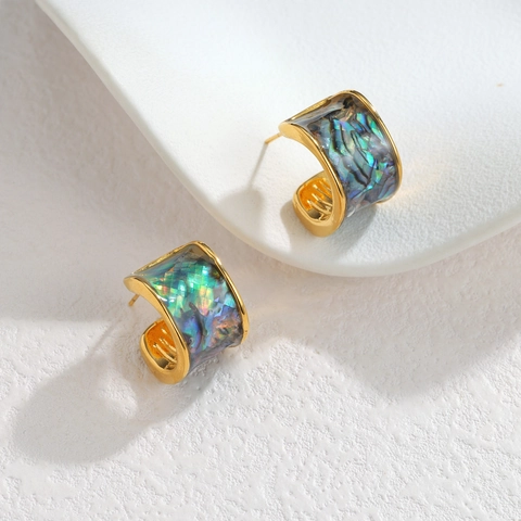C-Förmige Creolen Edelstahl 18K Vergoldet Irisierende Muschel Inlay Geometrischer Schicker Schmuck Für Damen
