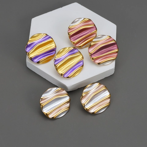 Pendientes De Botón Redondos Vintage Acero Inoxidable Chapado En Oro De 18K Esmalte Color Contraste Joyas Retro Para Mujer