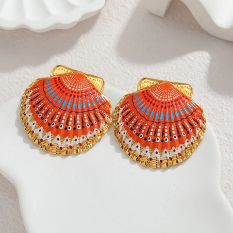 Boucles D'oreilles Puces Coquille Saint-Jacques Acier Inoxydable Plaqué Or Émail Coloré Style Bohémien Océan Pour Femmes