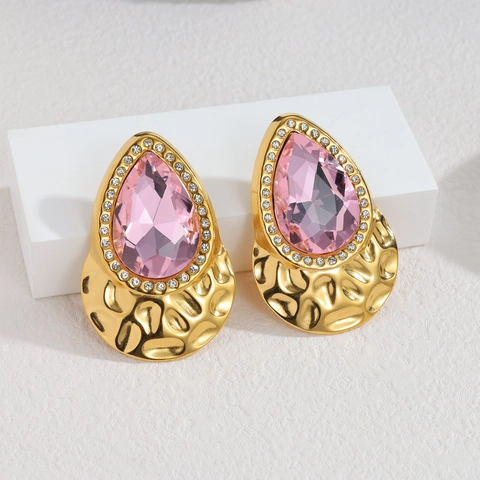 Gehamerde Textuur Druppel Oorbellen Roestvrijstalen Steker Luxe Vintage Grote Kristallen Sieraden Voor Dames