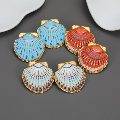 Boucles D'oreilles Puces Coquille Saint-Jacques Acier Inoxydable Plaqué Or Émail Coloré Style Bohémien Océan Pour Femmes