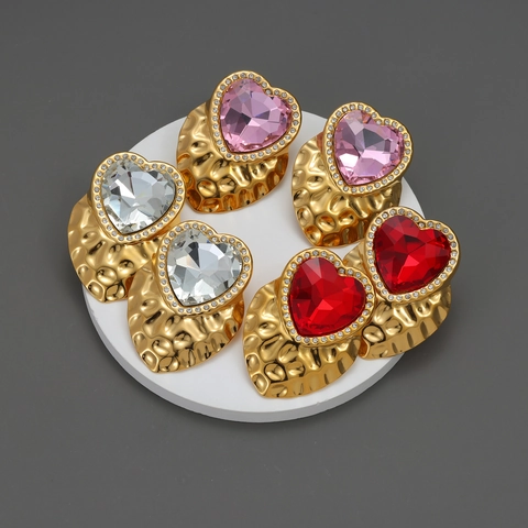 Vintage Heart Stud Earrings Hammered Stainless Steel 18K Gold Plated Large Crystal Rhinestone For Women Luxury Exaggerated