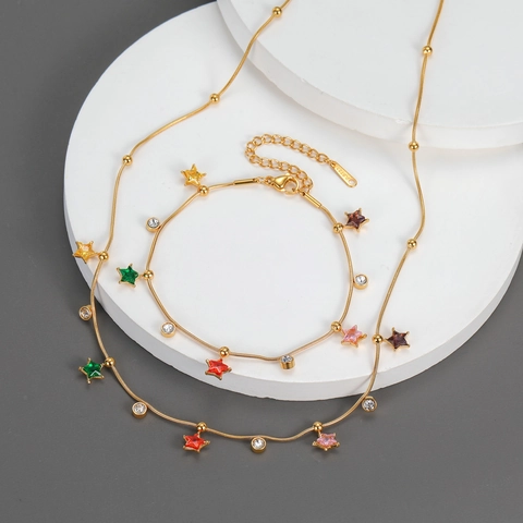 Collana E Bracciale Con Pendente A Stella Zirconi Colorati Acciaio Inossidabile Placcato Oro 18K Gioielli Di Moda Per Donna