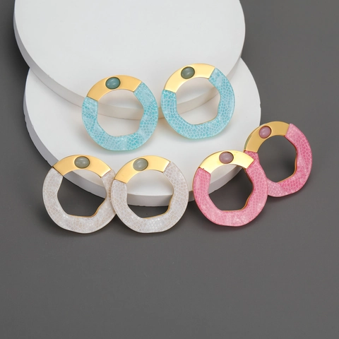Geometrische Creolen Edelstahl Ohrstecker Harz Gittermuster Retro Minimalistischer Goldton Schmuck Für Damen