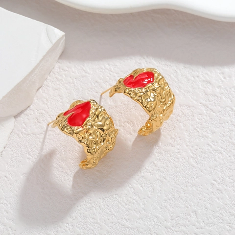 Stainless Steel 18K Gold Plated Red Heart C Shaped Hoop Earrings Lava Hammered Texture Trendy Fashion Jewelry For Women