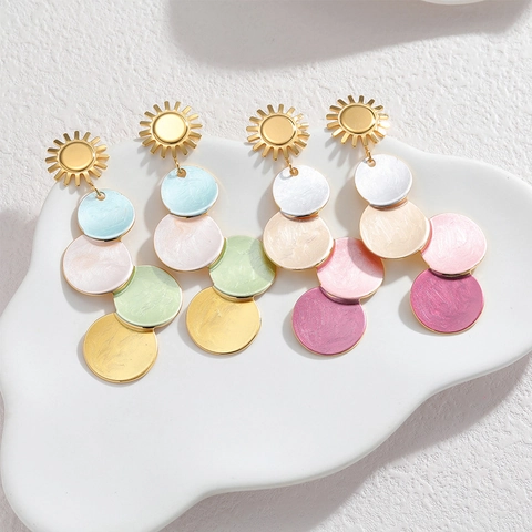 Stainless Steel Drop Earrings 18K Gold Plated Sunburst Shape Layered Colorful Discs With Stainless Steel Earring Post Women