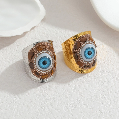 Evil Eye Roestvrijstalen Ring 18K Verguld Gehamerde Textuur Steentjes Boheemse Etnische Sieraden Voor Dames