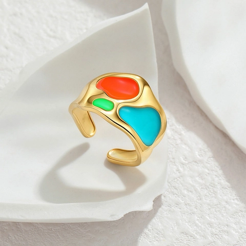 Bague En Acier Inoxydable Plaqué Or 18K Géométrique Irrégulière Anneau Ouvert Ajustable Émail Artistique Durable