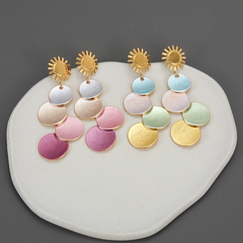 Stainless Steel Drop Earrings 18K Gold Plated Sunburst Shape Layered Colorful Discs With Stainless Steel Earring Post Women