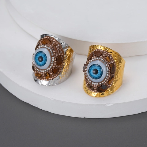 Evil Eye Roestvrijstalen Ring 18K Verguld Gehamerde Textuur Steentjes Boheemse Etnische Sieraden Voor Dames
