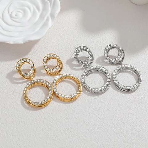 Pendientes Colgantes De Acero Inoxidable Chapado En Oro 18K Estrás Cuadrado Triple Círculo Geométrico