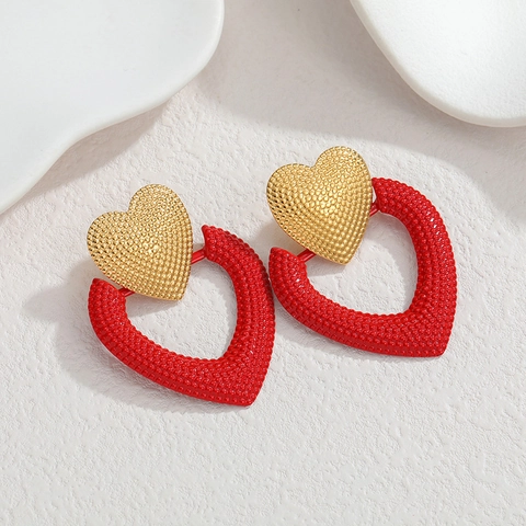 Orecchini A Pendente A Cuore Texturizzati Acciaio Inossidabile Placcato Oro 18K Rosso Doppio Strato Gioielli Retro Per Donna