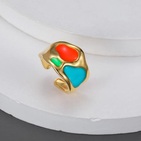 Bague En Acier Inoxydable Plaqué Or 18K Géométrique Irrégulière Anneau Ouvert Ajustable Émail Artistique Durable