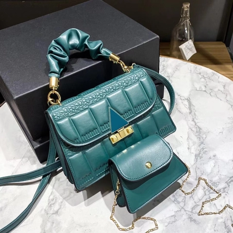 Women Handbag And Mini Chain Pouch PU Leather Embossed Geometric Pattern Ruched Handle Triangle Metal Buckle Crossbody