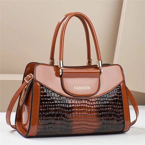 Borsa A Mano Donna Borsa A Tracolla Pelle Verniciata PU Motivo Coccodrilo Colore A Contrasto Manico Borsa A Spalla Moda Urbana