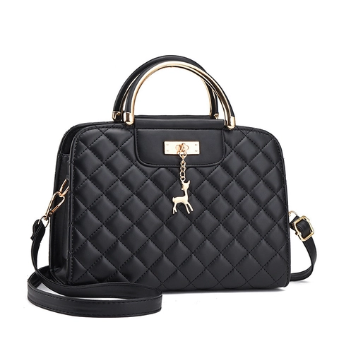 Quilted Rhombus PU Leather Handbag With Gold Metal Handle And Deer Pendant Women Trendy Crossbody Shoulder Bag