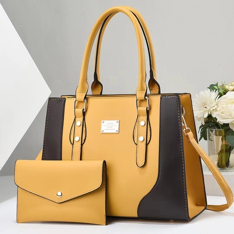 Women Contrast Color PU Leather Tote Bag And Envelope Clutch Versatile Large Capacity Daily Shoulder Bag