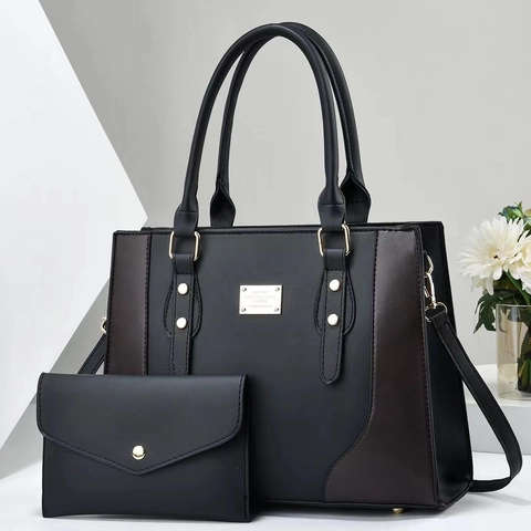 Women Contrast Color PU Leather Tote Bag And Envelope Clutch Versatile Large Capacity Daily Shoulder Bag