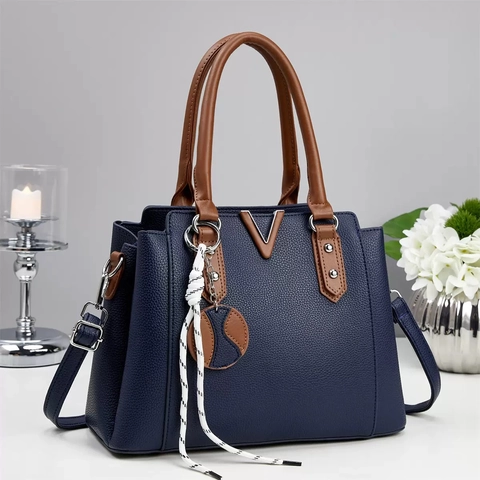 Sac À Main Élégant Femme Cuir PU Texture Litchi Sac Fourre-Tout Bandoulière Avec Sangle Amovible Et Décor Métal V
