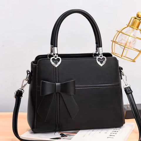 Women PU Leather Handbag With Bowknot Decor Heart Metal Buckle Large Capacity Crossbody Shoulder Bag Chic Commute