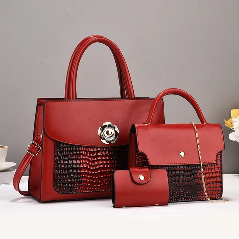 Elegant PU Leather Crocodile Pattern Handbag Crossbody Bag And Wallet With Metal Flower Decoration Fashion Stylish Simple Ladies Travel Work Accessories