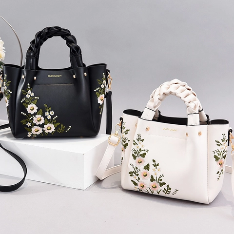 Borsa A Mano In Pelle PU Con Ricamo Floreale E Manico Intrecciato Elegante Borsa A Tracolla Grande Capacità Da Donna