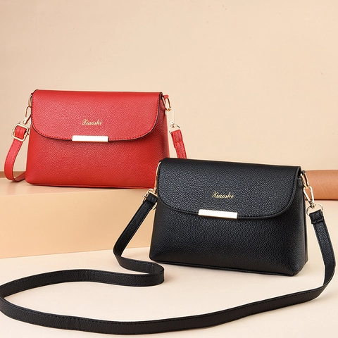 Women Crossbody Bag Litchi Pattern PU Leather Gold Metal Hardware Small Flap Square Shoulder Handbag Versatile Daily