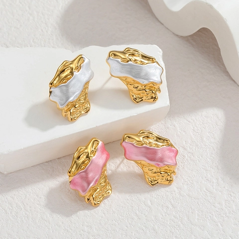 Boucles D'oreilles Géométriques Irrégulières Acier Inoxydable Plaqué Or 18K Émail Texture Lave Bijoux Modernes Femmes