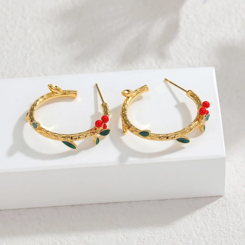 Boucles D'oreilles Branche De Cerisier En Acier Inoxydable Plaqué Or Forme C Feuille Émail Bijoux Femme Rétro Nature