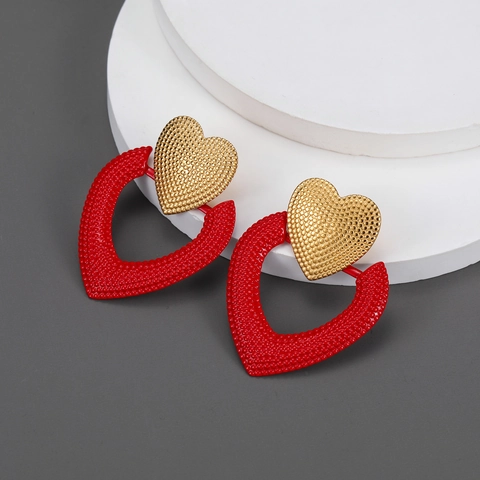Orecchini A Pendente A Cuore Texturizzati Acciaio Inossidabile Placcato Oro 18K Rosso Doppio Strato Gioielli Retro Per Donna