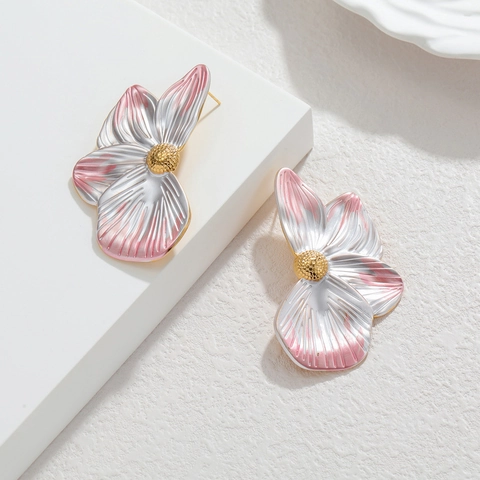 3D Blumen Ohrringe Edelstahl 18K Vergoldet Farbverlauf Rosa Silber Große Retro Statement Schmuck Für Damen