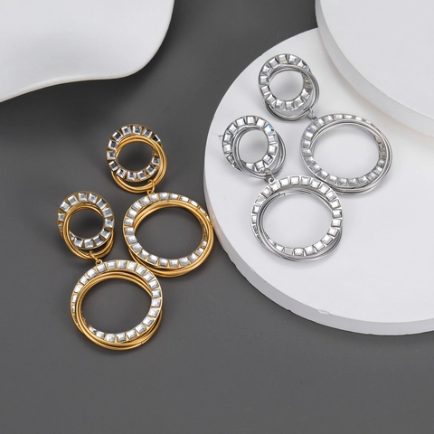 Pendientes Colgantes De Acero Inoxidable Chapado En Oro 18K Estrás Cuadrado Triple Círculo Geométrico