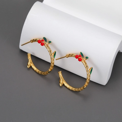 Boucles D'oreilles Branche De Cerisier En Acier Inoxydable Plaqué Or Forme C Feuille Émail Bijoux Femme Rétro Nature
