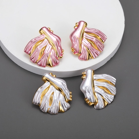 Stainless Steel Leaf Earrings 18K Gold Plated Abstract Pleated Tarnish Free Statement Jewelry For Women Fashion Niche