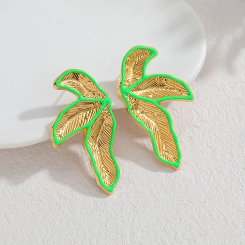 Tropical Palm Leaf Earrings Stainless Steel 18K Gold Plated Green Enamel Exaggerated Niche Design Vintage Fashion For Women