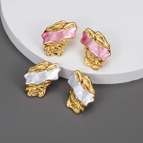 Boucles D'oreilles Géométriques Irrégulières Acier Inoxydable Plaqué Or 18K Émail Texture Lave Bijoux Modernes Femmes