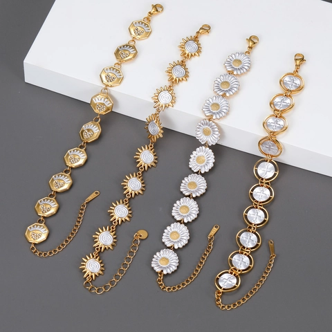 Edelstahl Gliederkette Armband 18K Vergoldet Sonne Herz Gänseblümchen Emaille Verstellbar Modeschmuck Für Damen